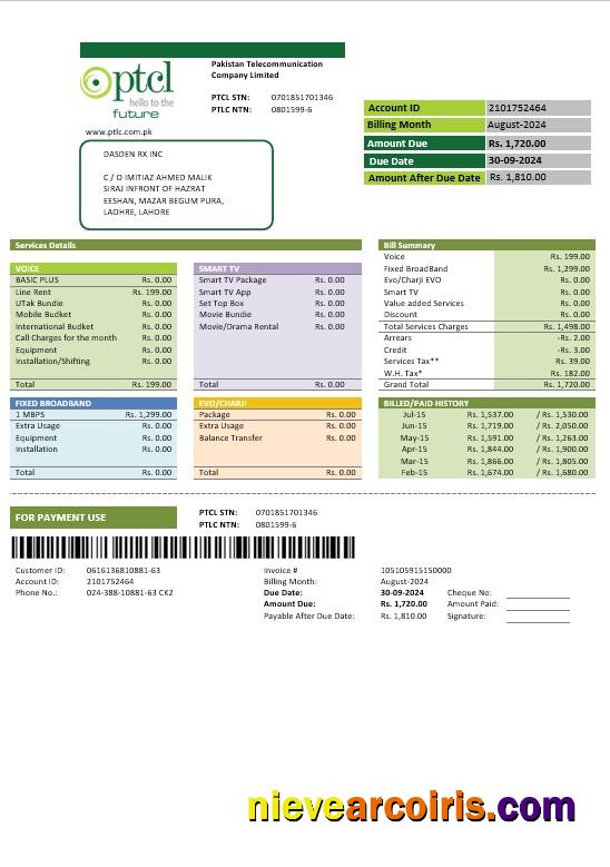 Pakistan PTCL business utility bill
